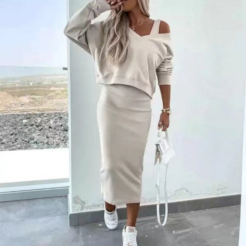 2-teiliger Set aus ärmellosem Kleid und V-Neck Pullover — Fühl dich unaufhaltsam stylisch und den ganzen Tag wie die Königin der Straße