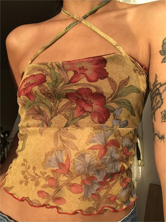 Sexy Vintage Top - Blumengemustertes ärmelloses Top mit Neckholder