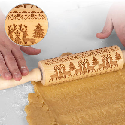 (50% Rabatt) - ChristmasBakery - Festive Pattern Embossing Rolling Pin - Verwandeln Sie einfachen Teig in weihnachtliche Meisterwerke!