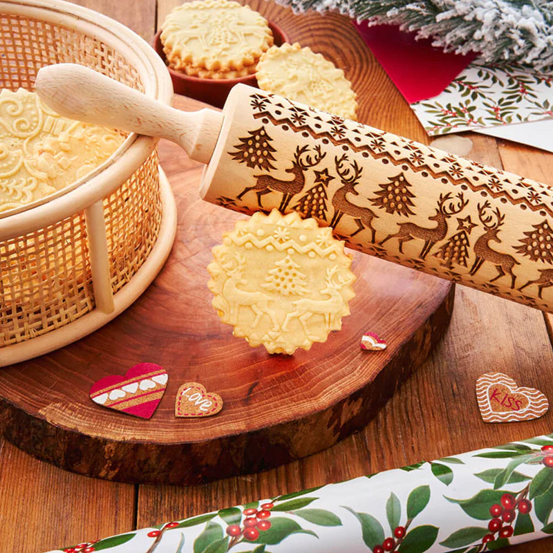 (50% Rabatt) - ChristmasBakery - Festive Pattern Embossing Rolling Pin - Verwandeln Sie einfachen Teig in weihnachtliche Meisterwerke!