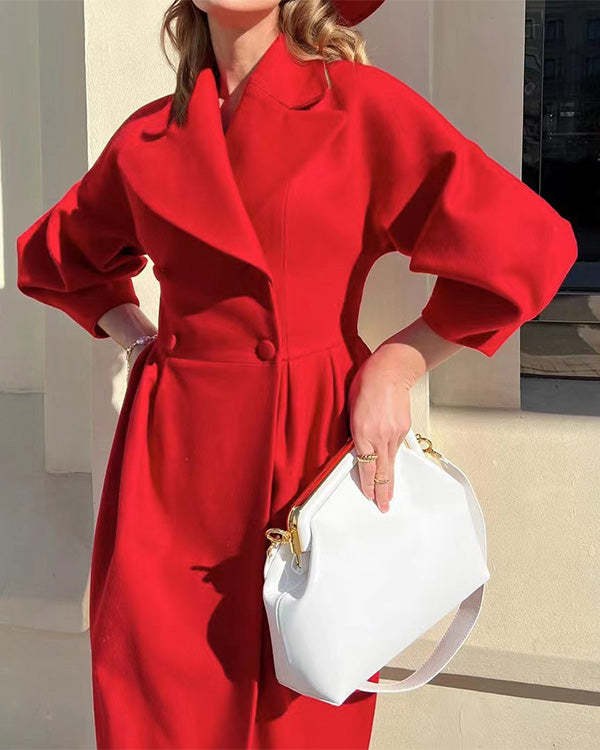 Queenie - Luxus Vintage Wolle Laterne Ärmel Mantel mit Revers für stilvolle Frauen