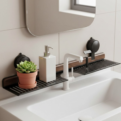 Walnuss-Aluminium Wasserhahnhalter — Verwandle dein Waschbecken in eine stilvolle Wohlfühloase ohne Bohren oder Chaos