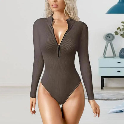 Diva - Langärmeliger sexy Rippenstrick-Bodysuit mit Reißverschluss